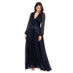 Betsy & Adam Long Sleeve V-Neck Metallic Gown Navy/Royal 10